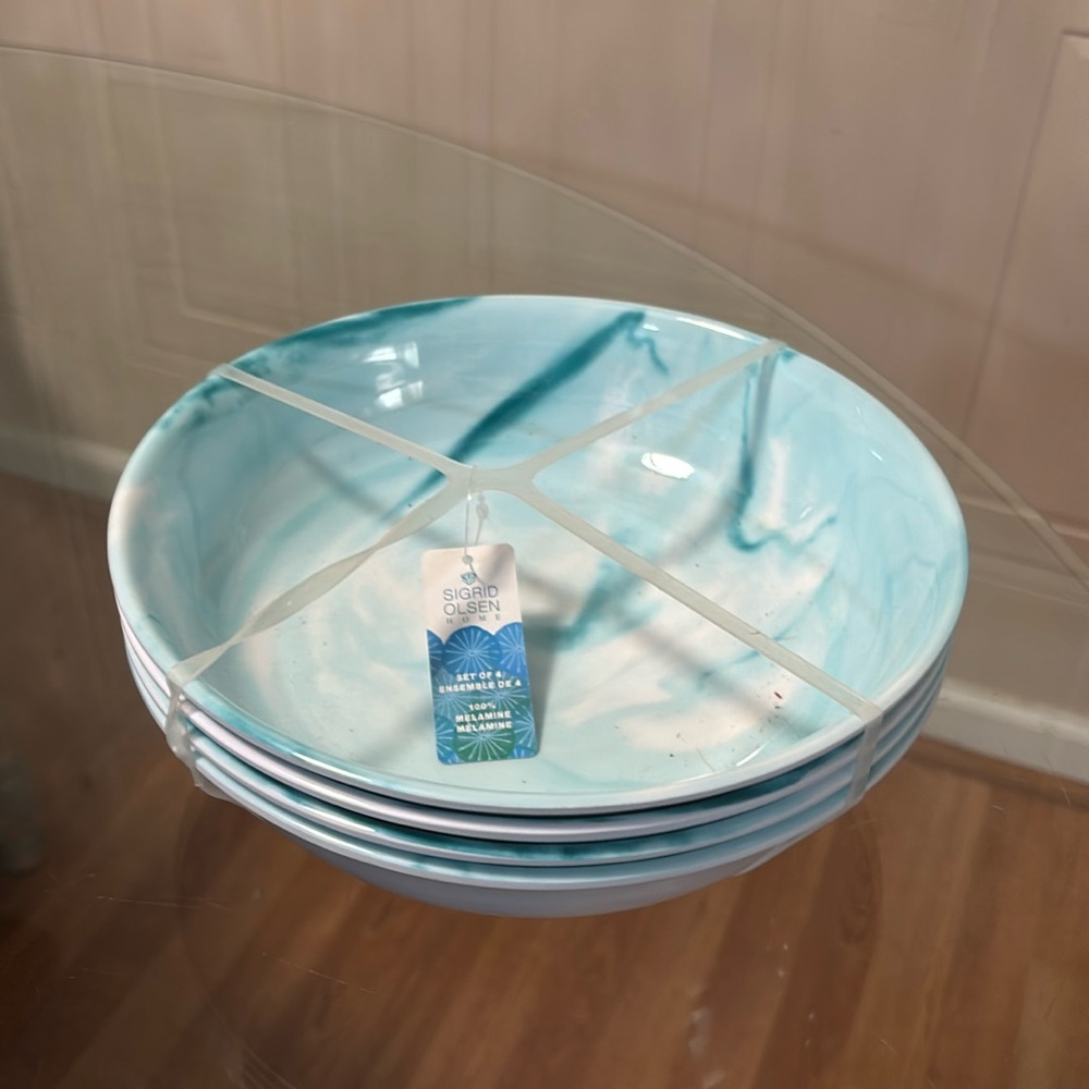 SIGRID OLSEN HOME BLUE MARBLE SWIRL SOUP SALAD BOWLS SET 4 MELAMINE 9"